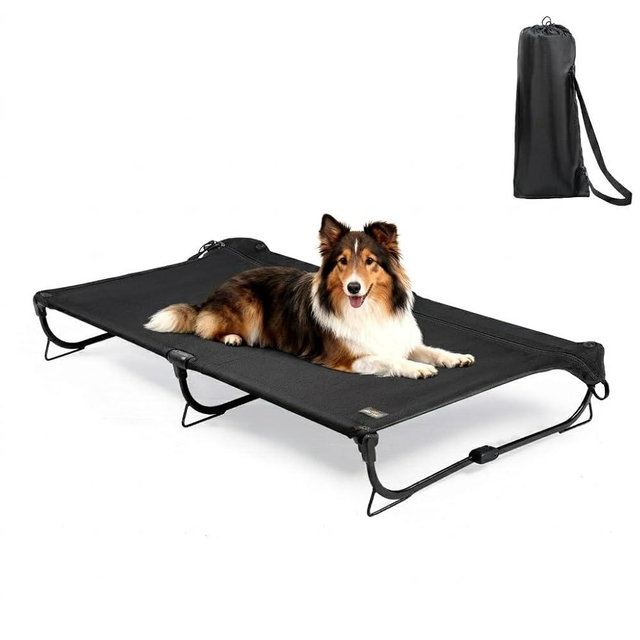 CANINE CANYON Folding Raised Dog Cot, Large Outdoor Elevated Dog Bed, Cooling Chew Proof Pet Cots Bed, Portable, Heavy Duty Up to 160 lbs, Pet Cot for Camping, Home, Black, 43"x27"x7"