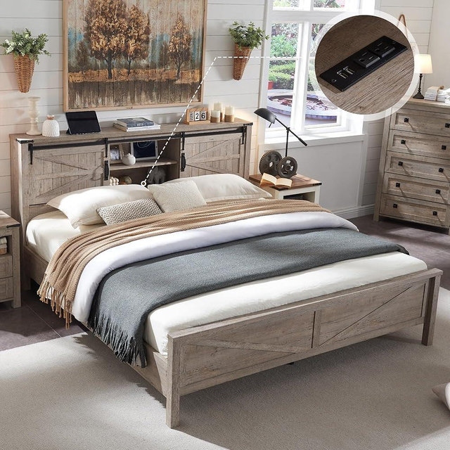 T4TREAM Farmhouse Queen Size Bed Frame w/Storage Bookcase Headboard, Sliding Barn Door, Charging Station, Rustic Wood Platform Bed w/Wood Slats Support, No Box Spring Needed, Light Rustic Oak