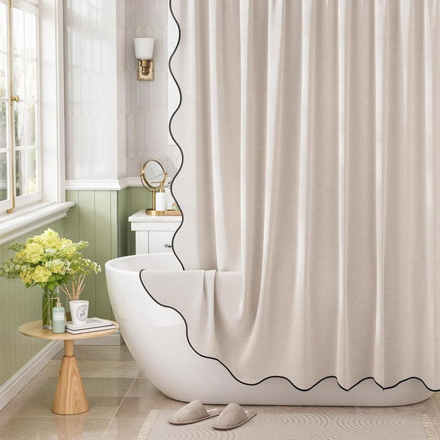 Bathway Modern Scalloped Shower Curtain, Linen Textured Beige Shower Curtain Set with 12 Metal Hooks, Neutral Cute Elegant Shower Curtain with Black Border for Bathroom, 72x72 Inches