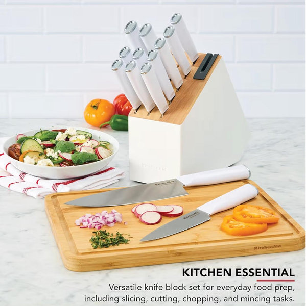 KitchenAid Knife Block Set with Built-In Knife Sharpener, White
