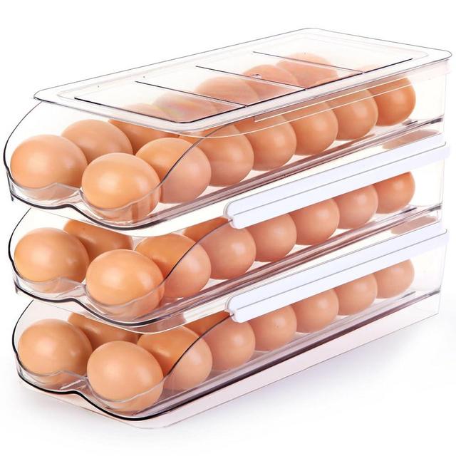 RoskDeewat Egg Holder for Fridge, Automatically Rolling Egg Container for Refrigerator, Clear Plastic Fridge Organizers and Storage with Lid, Stackable Egg Dispenser & Tray (3 Tier)