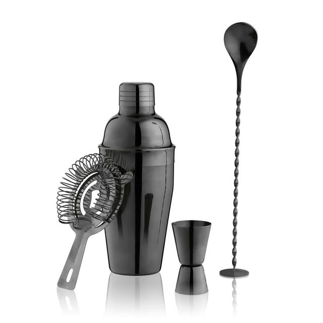 True Barware Set | Cocktail Bar Tools with Cobbler Shaker with Lid, Muddler Bar Spoon Swizzle Stick, Hawthorne Strainer, Bartender Accessories, Black