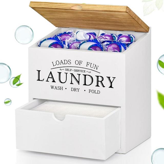 Dryer Sheet Container for Laundry Room Organization, Laundry Pods Container with Lid and Drawer, Laundry Detergent Dispenser Organizer Box, Wood Dryer Sheet Holder for Laundry Room Decor (White)