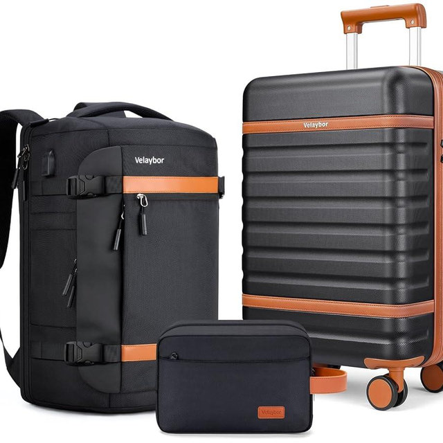Velaybor Luggage Sets 3 Piece with Spinner Wheels, Lightweight PC Hardside Suitcase with TSA Lock & YKK Zippers, 20 Inch Carry On Luggage with Travel Bag for Men and Women, Black
