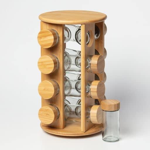 Kitchen Affections Revolving Round Bamboo Spice Rack Organizer Countertop, Spinning Herb Spice Storage Rack with 16 Jars