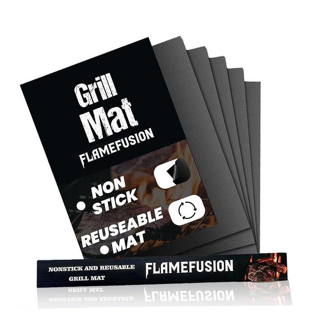 FlameFusion Grill Mat - Heavy Duty 600 Degree BBQ Grill Mat for Outdoor Grilling (Set of 5) | Extended Warranty
