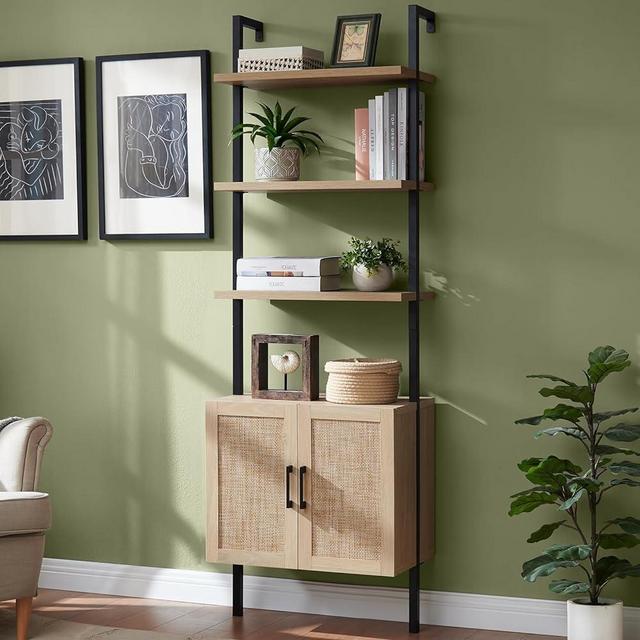 OAKHAM HOME Hampstead Bookshelf, Ladder 5 Tier Open Bookshelf, Tall Book Shelf with Rattan Cabinet, Wall Mount Bookshelves with Open Display Rack for Bedroom, Living Room (Oak)