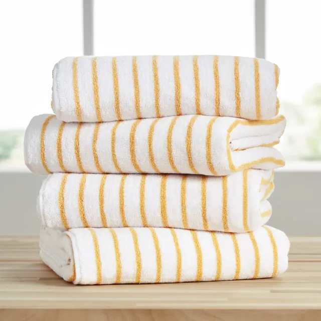 Cabana Stripe 100% Cotton Pool and Beach Towels - Oversized, Absorbent, Quick-Dry Towels - Becky Cameron, Yellow, Pack of 4