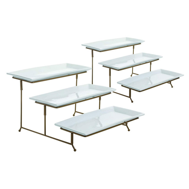 Gibson Elite Gracious Dining Ceramic 3 Tier Rectangular Serving Platter, Appetizer Dessert Stand, Food Server Tray Display, Gold