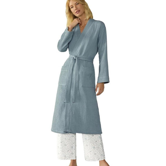 Coyuchi Unisex Organic Waffle Robe, Long Bathrobe, Cotton, Lagoon, (M-L)