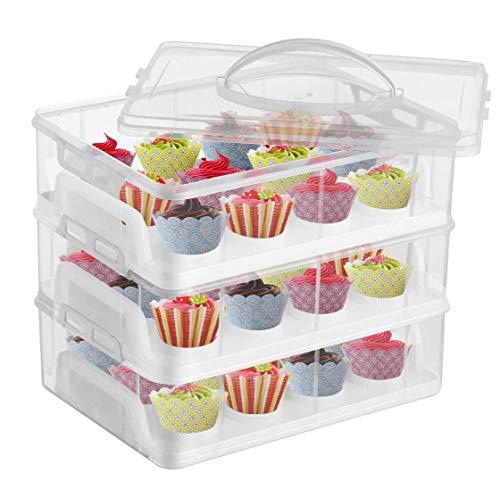 DuraCasa Cupcake Carrier, Cupcake Holder - Premium Upgraded Model - Store up to 36 Cupcakes or 3 Large Cakes - Stacking Cupcake Storage Container - Cookie, Muffin or Cake Carrier (White, Three Tier)