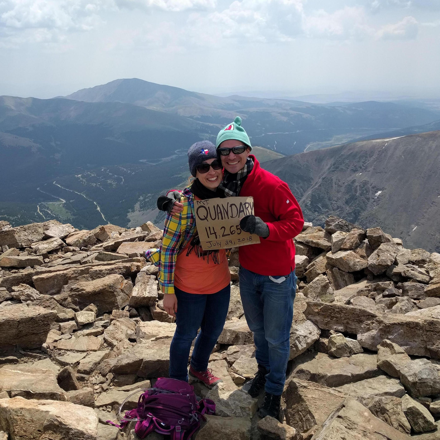 At the top of Mt. Quandary! KC carried Monica's backpack the last 500 ft and she knew he was a keeper.