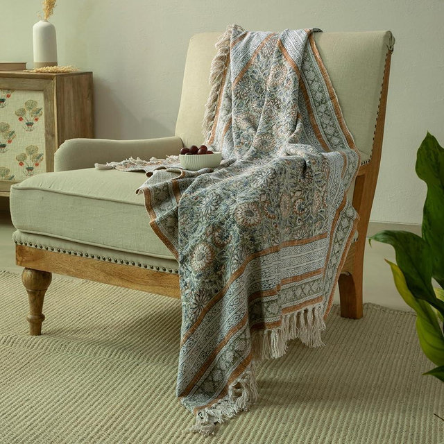 HOME WIBE 100% Pure Cotton Handblock Printed Throw Blanket, Soft 50" x 60" Fringed Floral Print Throw for Couch, Sofa, Chair, Bed - Cozy, Machine Washable, Comfortable Home Decor