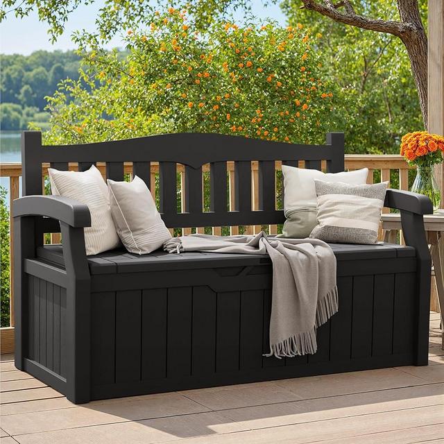 Greesum 80 Gallon Storage Bench Outdoor Deck Box with Armrest, Patio Furniture, Lockable, Waterproof and UV Resistant, Suitable for Garden, Poolside, Dark Black