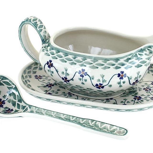 Blue Rose Polish Pottery Sage Floral Gravy Boat & Ladle