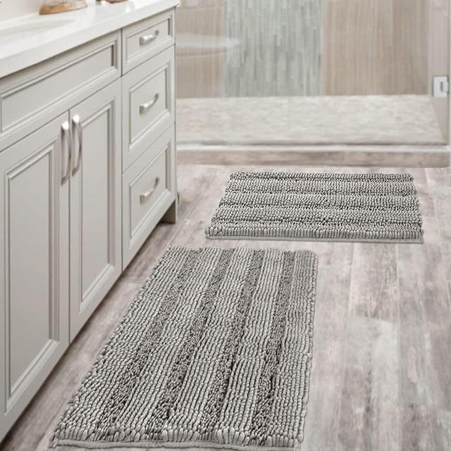 Non Slip Thick Shaggy Chenille Bathroom Rugs Soft Bath Mats for Bathroom Extra Absorbent Floor Mats Bath Rugs Set for Kitchen/Living Room (Set of 2, 20" x 32"/17" x 24", Dove Grey)