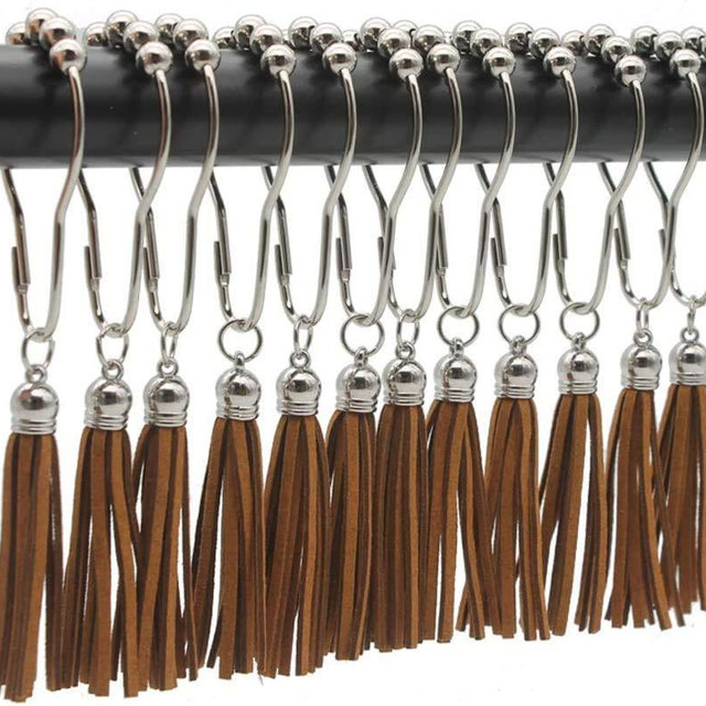 Shower Curtain Hooks Rings, 304 Stainless Steel Shower Curtain Rust Resistant Hooks for Bathroom Shower Rods Set of 12 (Brown)