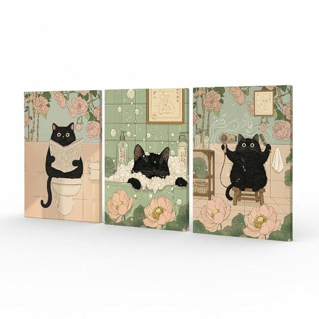 Mohxniity 3 Piece Black Cat Bathroom Wall Art Unframed - Vintage Japanese Ukiyo-e Style Poster Set - Funny Chubby Cat Reading Newspaper, Bathtub & Hair Drying Prints - Whimsical Animal Restroom Decor