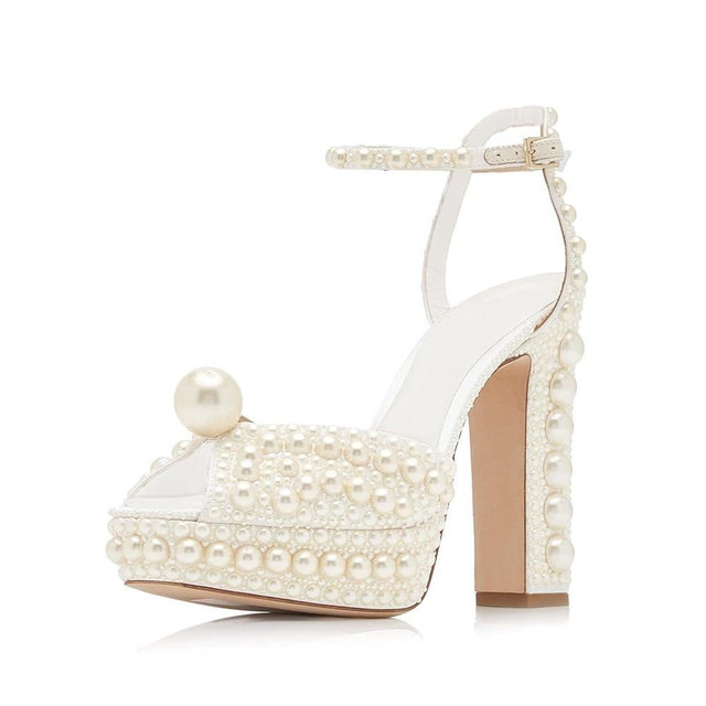 Goolita Womens Open Toe Pearl Platform Heels For Women Chunky Buckle Ankle Strap Wedding Heeled Sandals Dress Evening Bride Bridal Shoes