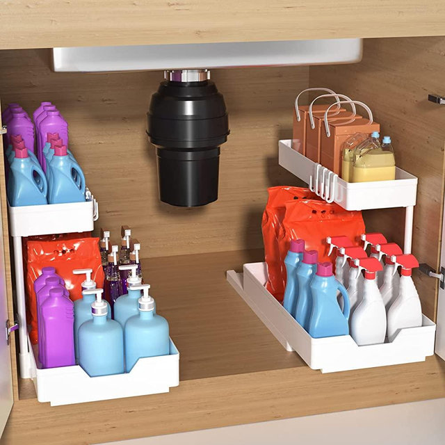 Minimalist Studio Under Sink Organizers and Storage 2 Pack, L-shape Kitchen Organization 2-Tier Sliding Cabinet Organizer, Under Bathroom Sink Cabinet Organizer Shelf with Drawers, with Hook, White
