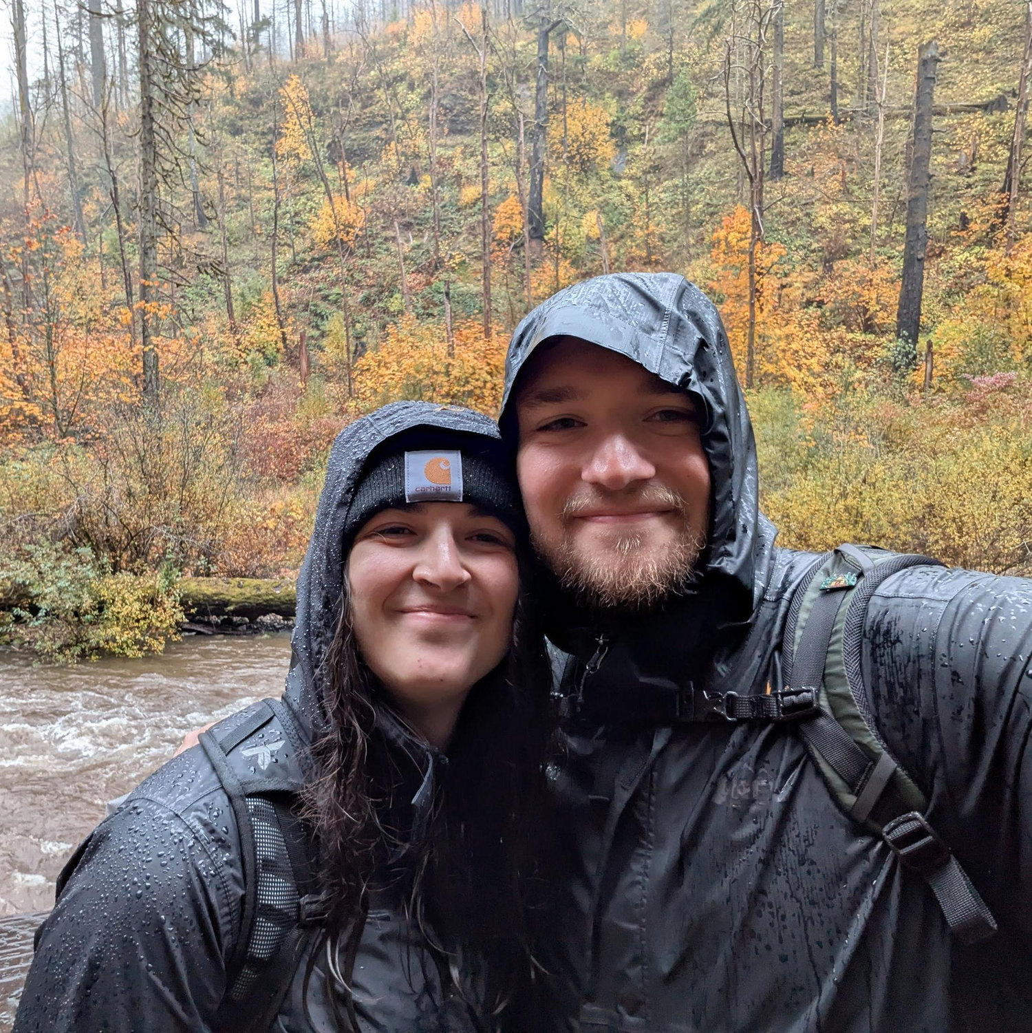 A questionable decision: hiking the first trail we hiked together for our 1 year anniversary. It was dumping rain and we were soaked the moment we got out of the truck