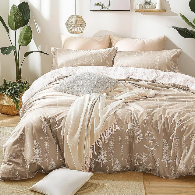Love's cabin Light Taupe Full Comforter Set - Full Size Comforter Set, 3 Pieces Cute Floral Bedding Sets for All Seasons,1 Soft Reversible Botanical Flowers Comforter and 2 Pillow Shams