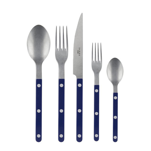 SABRE PARIS - 20-Piece Flatware Set For 4 - Bistrot Vintage Collection - Knives, Forks, Soup Spoons, Teaspoons & Dessert Forks - Stainless Steel & Nylon - Dishwasher Safe - Navy Blue - Mat Finish