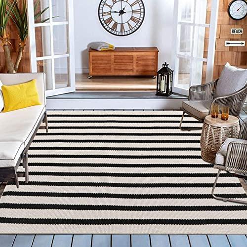 Black Stripe Rug, Collive Farmhouse Cotton Woven Area Rug Layered Welcome Door Mat Doormat, Washable Porch Floor Runner Rug Throw Carpet for Kitchen Outdoor Decoration (4' x 6', Black Strips)