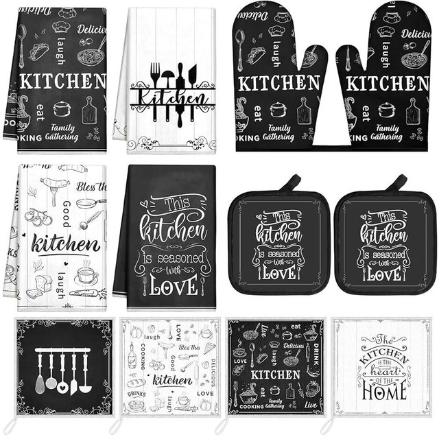 Bencailor 12 Pcs Farmhouse Kitchen Set, Kitchen Dish Towels Oven Mitts and Pot Holders Sets Hand Towels Dishcloths Rustic Pattern Oven Gloves for Home Decorations Baking Cooking Gifts(Black, White)
