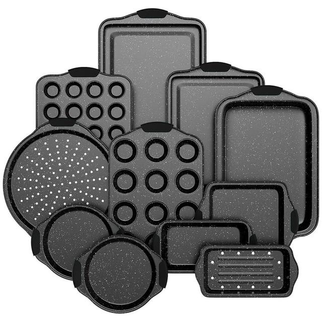 Slow Slog 11-Piece Nonstick Baking Pans Set, Stackable Bakeware Sets, Oven Pans for Baking with Silicone Handles, Includes Cookie Sheet, Cake Pans, Loaf Pan, Pizza Pan, Muffin Pan, Black…