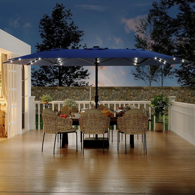 Garvee 15FT Rectangular Patio Umbrella with Solar Lights & Base Included - Large Patio Umbrella with Crank Handle 48 LED Lights, UV Protection for Outdoor Market, Backyard, Deck, Poolside, Navy Blue
