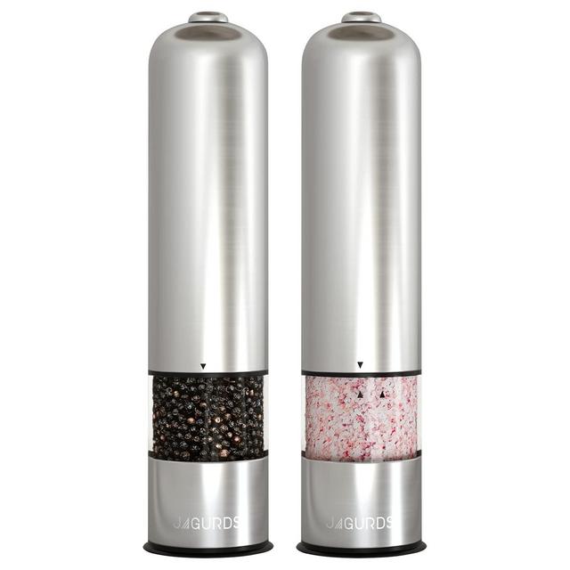Electric Salt and Pepper Grinder Set - Automatic, Refillable, Battery Operated Stainless Steel Spice Mills with Light - One Handed Push Button Peppercorn Grinders and Sea Salt Mills