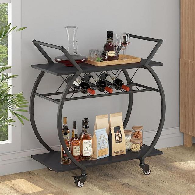 LVB Black Wine Cart with Wheels, Modern Bar Cart with Wine Rack, Industrial Beverage Rolling Kitchen Serving Cart with Storage, Metal Wooden Microwave Drink Liquor Cart for Home Dining Room, Black Oak