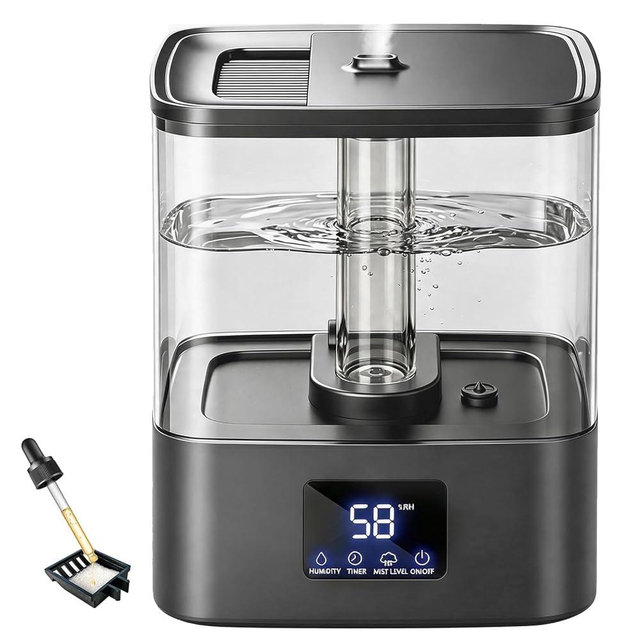 KZF 6L Top Fill Humidifiers for Bedroom & 60H Runtime - Cool Mist Humidifier, 3 Mist Levels, 8H Timer, Essential Oil Tray, Humidity Display, Quiet for Bedroom, Baby, Plants, Large Room (Black, 6L)
