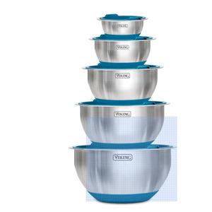 Viking Culinary Stainless Steel Mixing Bowl Set, 10 piece, Non-slip Silicone Base, Includes Airtight Lids, Dishwasher Safe, Teal