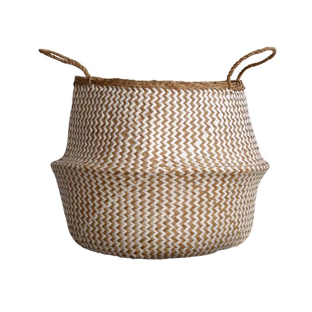 dufmod Large Natural and Plush Woven Seagrass Tote Belly Basket for Storage, Laundry, Picnic, Plant Pot Cover, and Beach Bag (Plush Zigzag Chevron Seagrass White, Large)