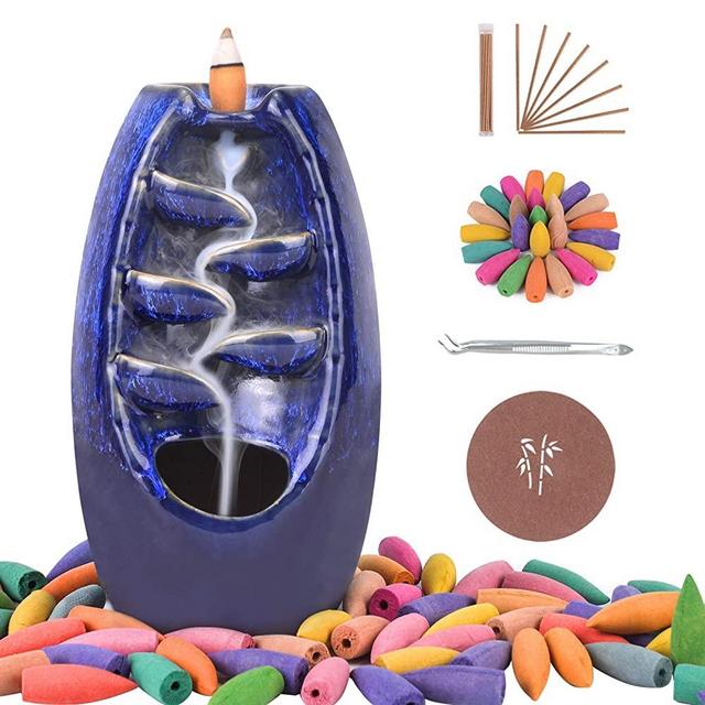 SPACEKEEPER Waterfall-Incense-Burner,Ceramic Backflow Incense Holder, Aromatherapy Ornament Home Decor with 120 Backflow Incense Cones + 30 Incense Stick, Navy