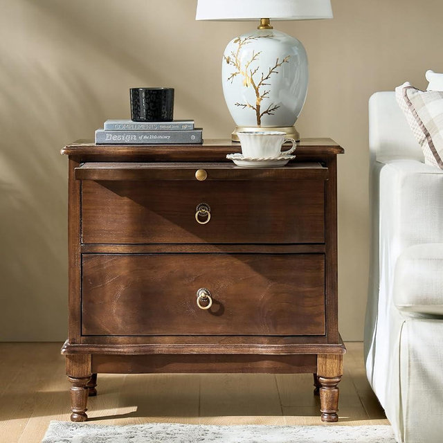HULALA HOME Solid Wood Storage End Table with Hidden Pull-Out Shelf, Transitional 2 Drawer Side Table with Charging Station, Large SideTable with USB Ports, Easy Assembly, Walnut