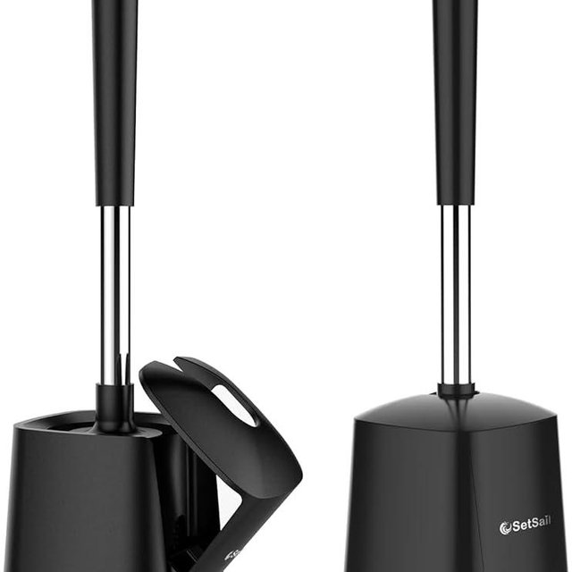 SetSail Toilet Brush and Holder, Self Closing Lid Toilet Bowl Brushes Holder and Extra Long Handle Ventilated Toilet Brush Set for Bathroom Cleaning, Nylon Bristles, 2 Packs-Black