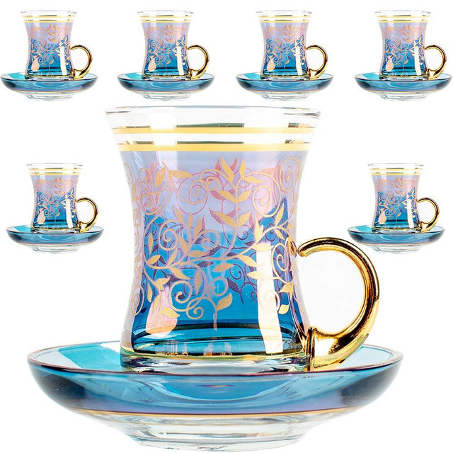 Vintage Turkish Tea Glasses Cups and Saucers Set of 6 Handle Drinkware Drink Bar Fancy Teapots Serving Glassware Drinking Kitchen Women Moroccan Persian Teacups Party Art Deco