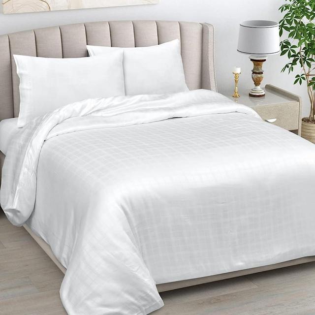 Linenwalas 100% Cooling Bamboo Sheets Set 4PC- Queen Size Self Check Design Window Pane Soft Bed Sheets, 16 Inch Deep Pocket, Super Breathable, Comfortable and Pilling Resistant (Queen, White)