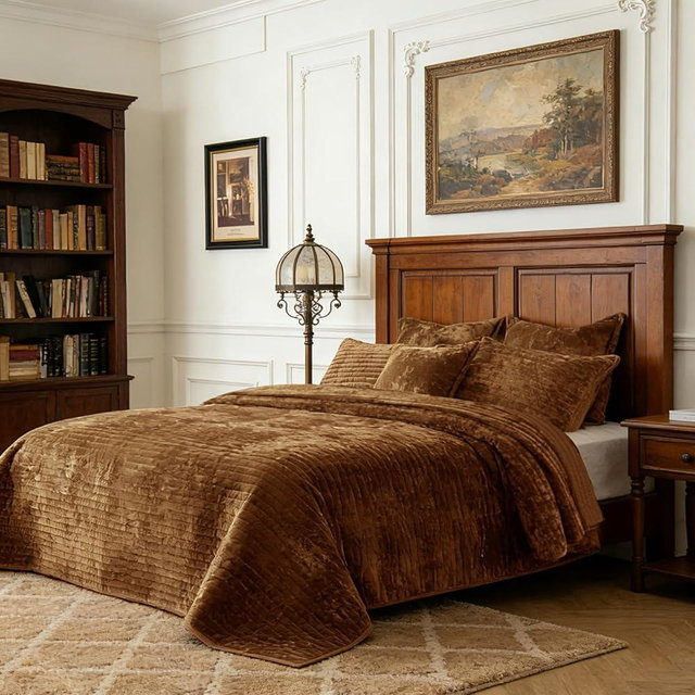 COCOPLOCEUS 3 Pieces Luxurious Velvet Oversized King Quilt Bedding Set 120x128 Striped Bedspread Coverlet Quilted Set with 2 Pillow Shams 20x36 Ultra Soft Comforter for All Season, Caramel