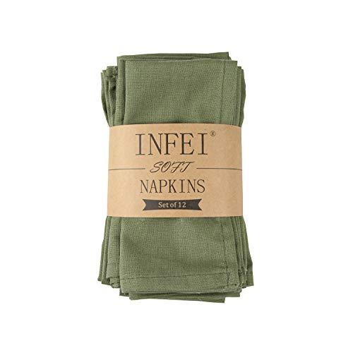 INFEI Soft Solid Color Linen Cotton Dinner Napkins - Pack of 12 (40 x 40 cm) - for Events & Home Use (Army Green)