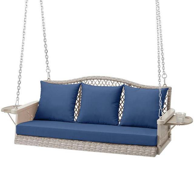 ZZW Upgraded Wicker Hanging Porch Swing Heavy Duty 900 LBS 3-Seat Outdoor Patio Swing Chair Bench for Adult w/ 8.9ft Hanging Chains Cushions and Cup Holder(Grey/Blue)