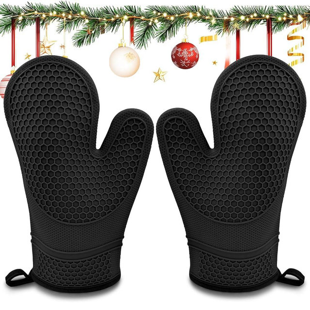 Monbalcon Silicone Oven Mitts Heat Resistant to 500ºF for Kitchen Cooking, Silicone Oven Mitts Pair Waterproof Oven Gloves Thickened Soft Lining BBQ Kitchen Mitts Set for Oven, 1 Pair (Black)