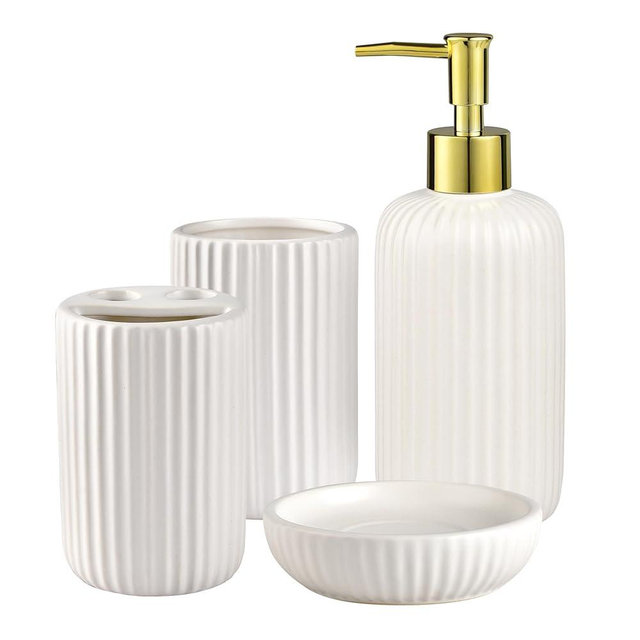 Bathroom Accessories Set, 4PC Ceramic Bathroom Sets Complete-Toothbrush Holders, Soap Dispenser, Soap Dish, Toothbrush Cup, Elegant White Gold Bathroom Decor, Bathroom Organizer for Countertop