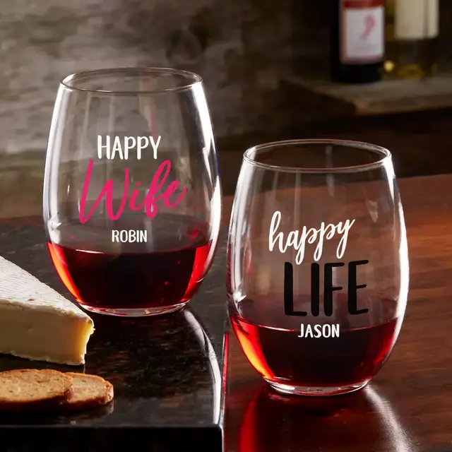 Happy Wife, Happy Life Personalized 21 oz. Stemless Wine Glass