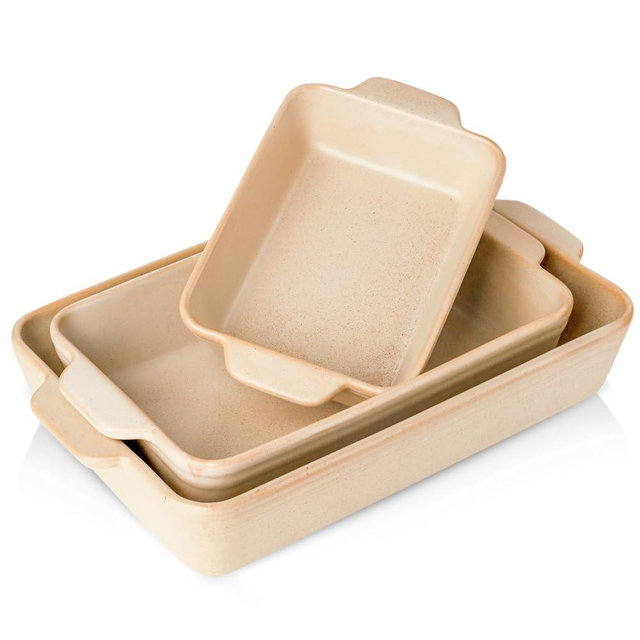 HVH Baking Dish Set, 9x13 Baking Dish, Ceramic Lasagne Pan Deep, Large Casserole Dish Set, Baking Dishes for Casseroles 13 x 9, Ceramic Bakeware Set of 3, Farmhouse Style (Sandy)