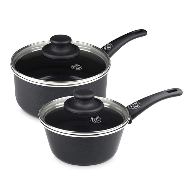 GreenLife Soft Grip Healthy Ceramic Nonstick, 1QT and 2QT Saucepan Pot Set with Lids, PFAS-Free, Dishwasher Safe, Black