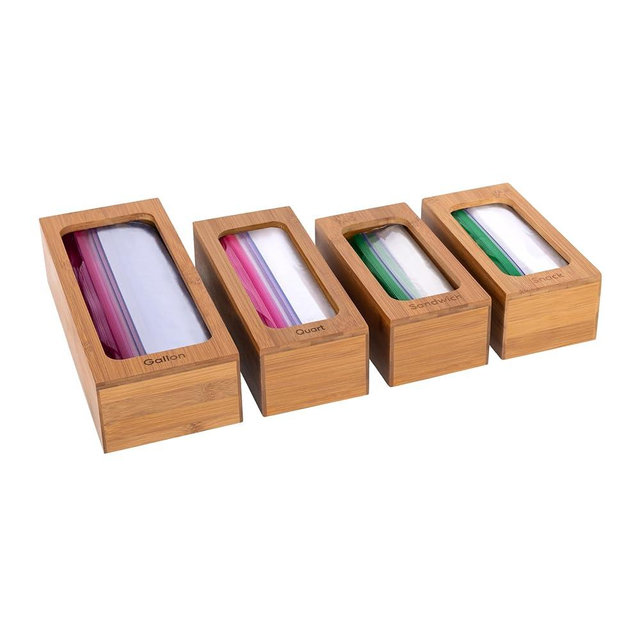 Seville Classics Bamboo Premium Organizer Storage Bins for Kitchen Silverware, Pantry, Closet, Office Desk, Pens, Utensils, Makeup, K Cup, Bamboo, Bag Holder Bin Set (4 Piece)